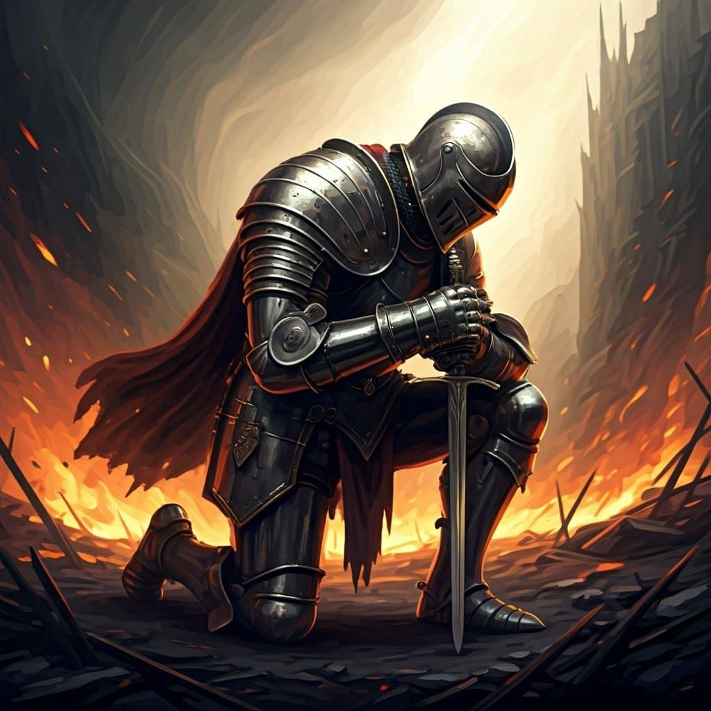 Knight Warrior on Battlefield in Dramatic Light