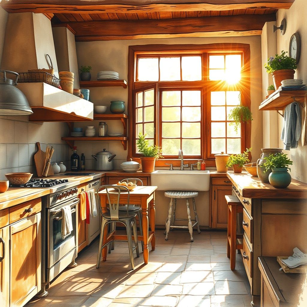 Cozy Rustic Kitchen Bathed in Golden Hour Light