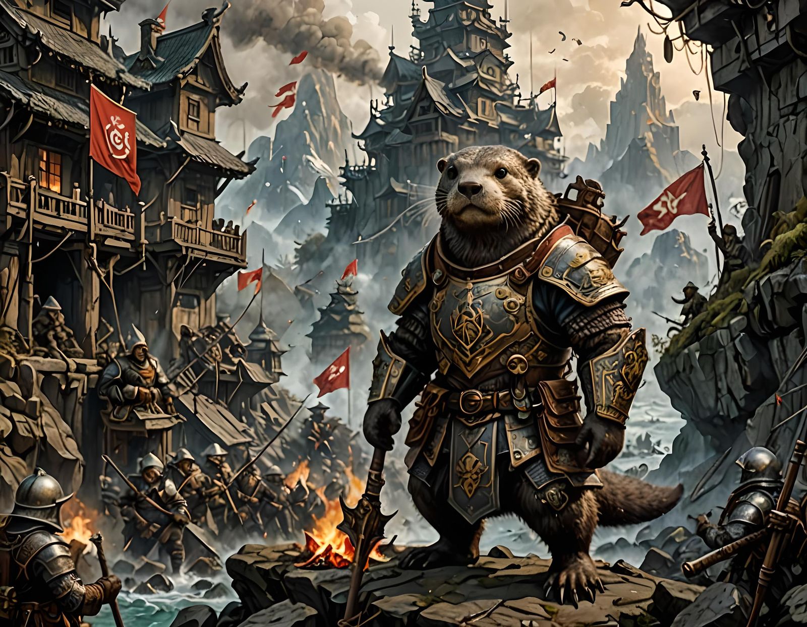 Armored Otter Warchief in a Fiery Landscape