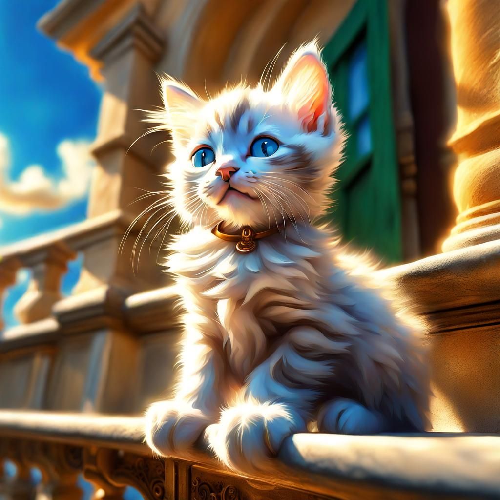 Kitten on Italian Villa Balcony in Hyperrealistic Style