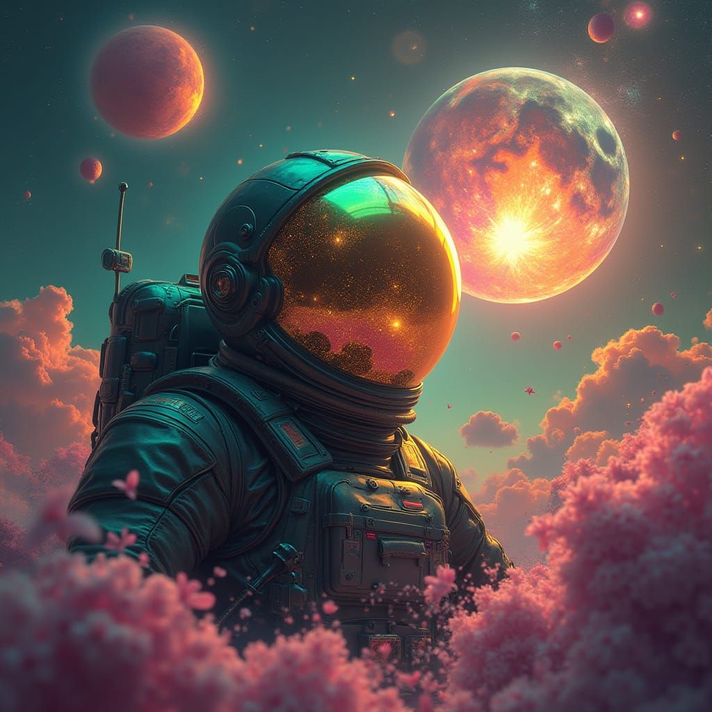 Surreal Astronaut in Neon Galaxy with Melting Clock Planets