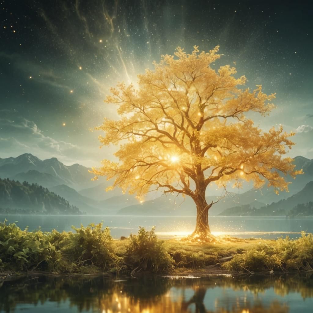 Golden Tree Reflecting in Lake: Digital Matte Painting