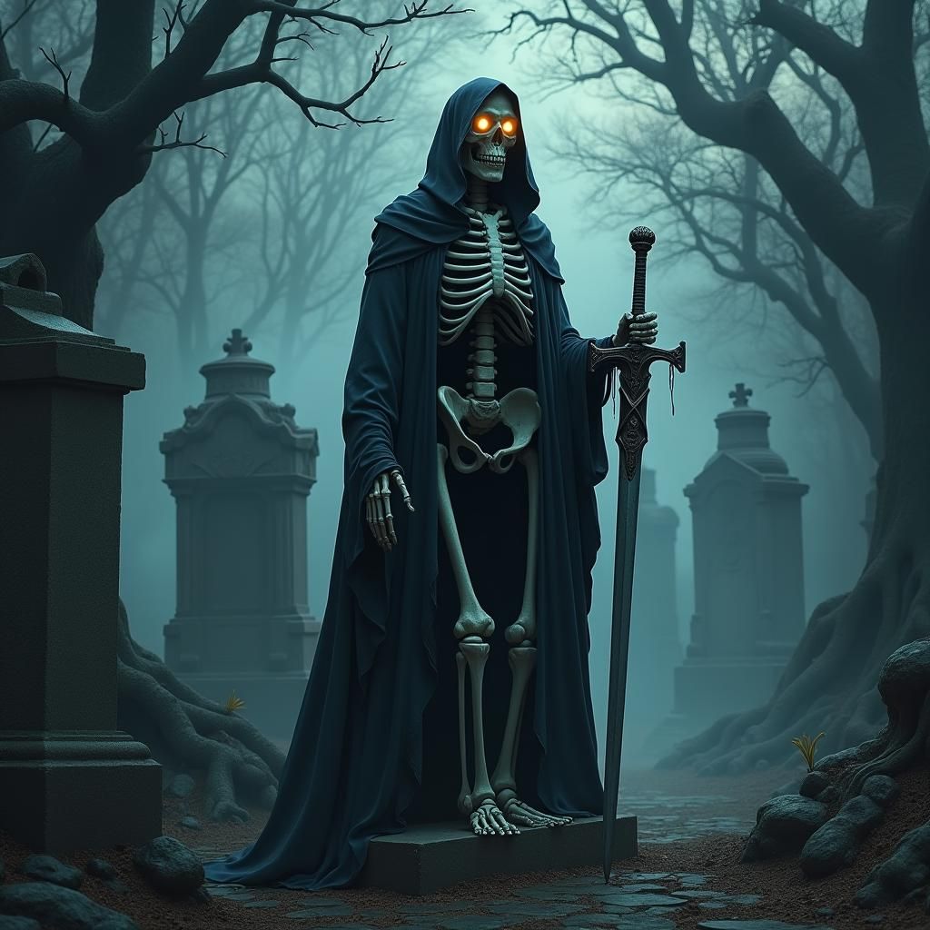 Mystical Gothic Cemetery Guardian at Dusk