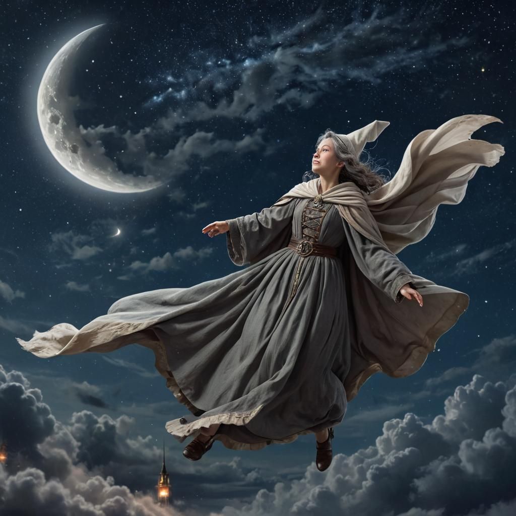 Female Wizard on Cloud in Starry Night Sky
