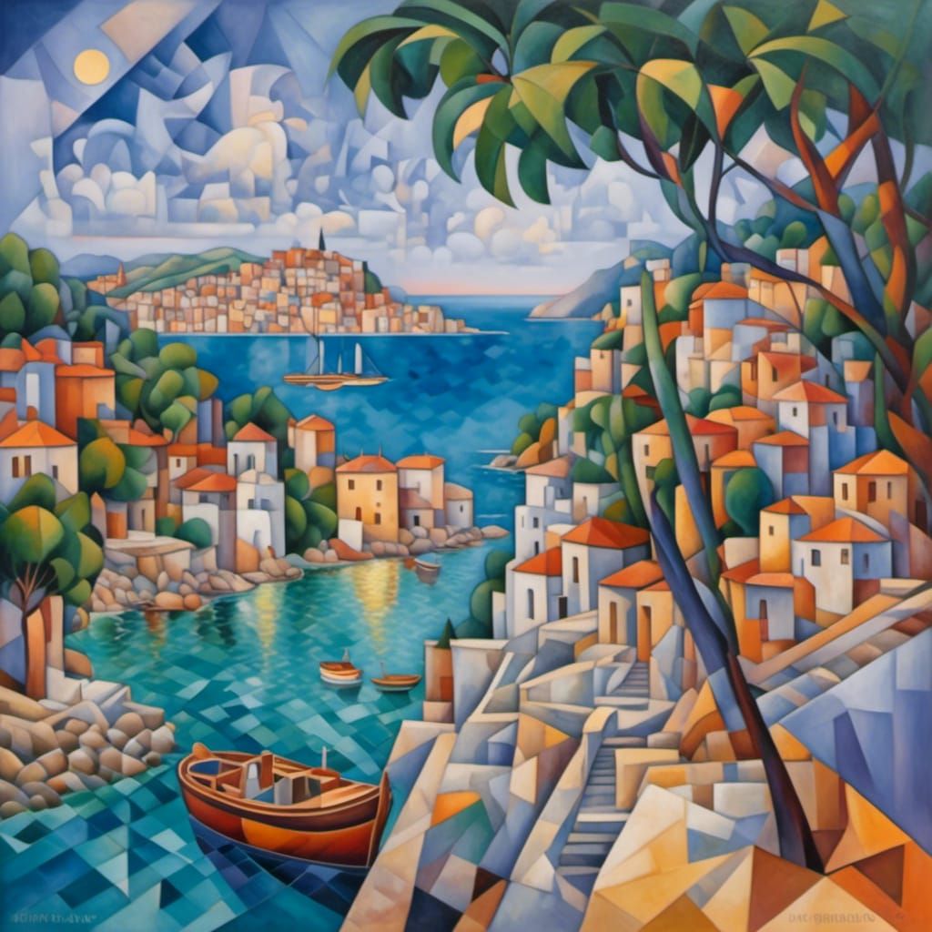 Mediterranean Sunset: Crystal Cubist Painting of a Young Que...