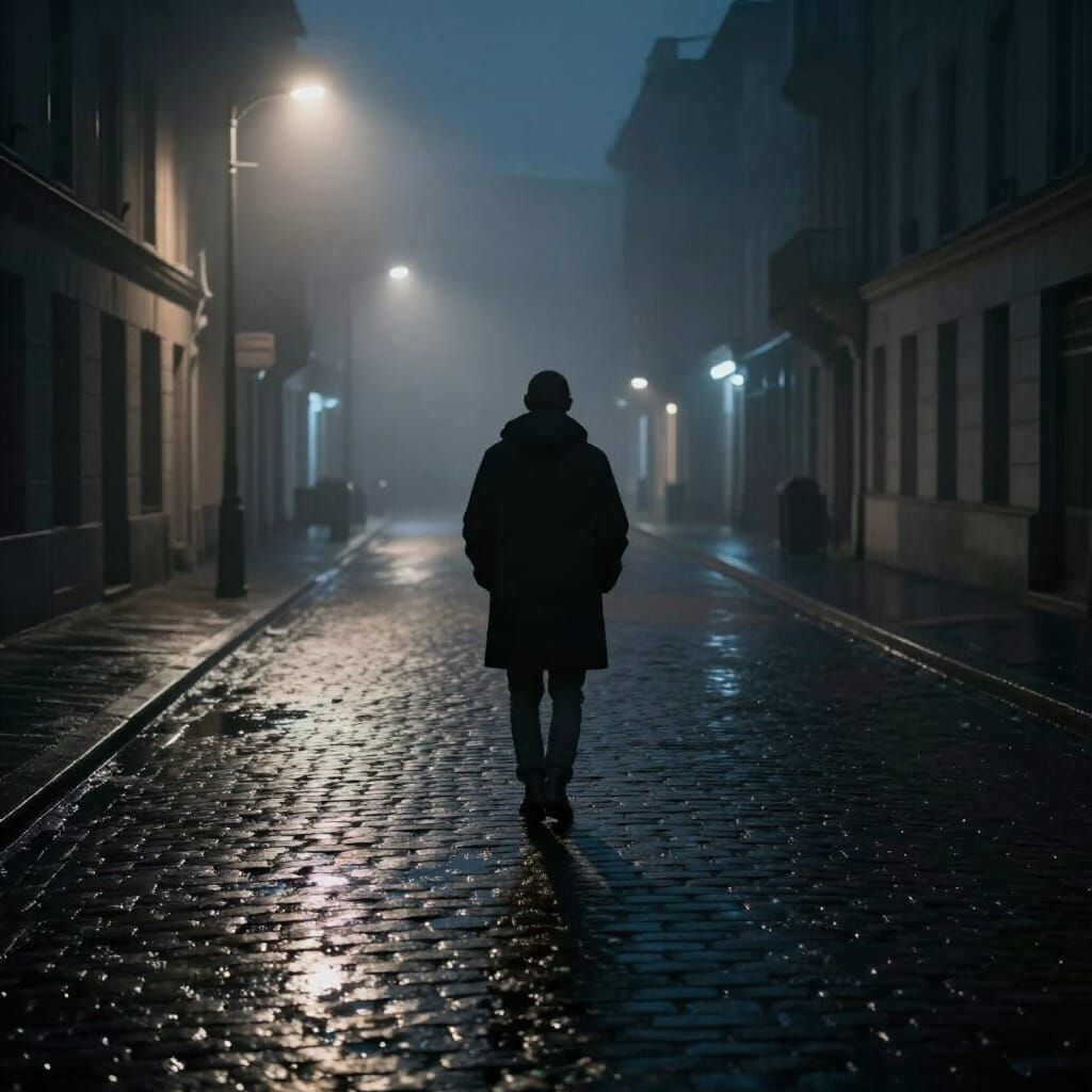 Lone Figure on Foggy Street with Moody Shadows