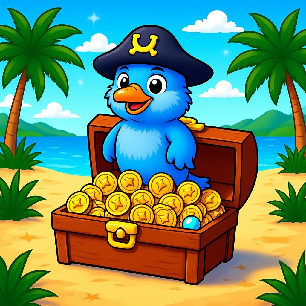 imagine a fluffy, blue parrot wearing a tiny pirate hat and brandishing a miniature cutlass, perched atop a treasure che...