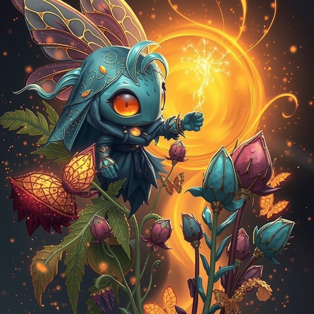 Whimsical Firefly Amidst Ethereal Vortex in Dreamlike Style