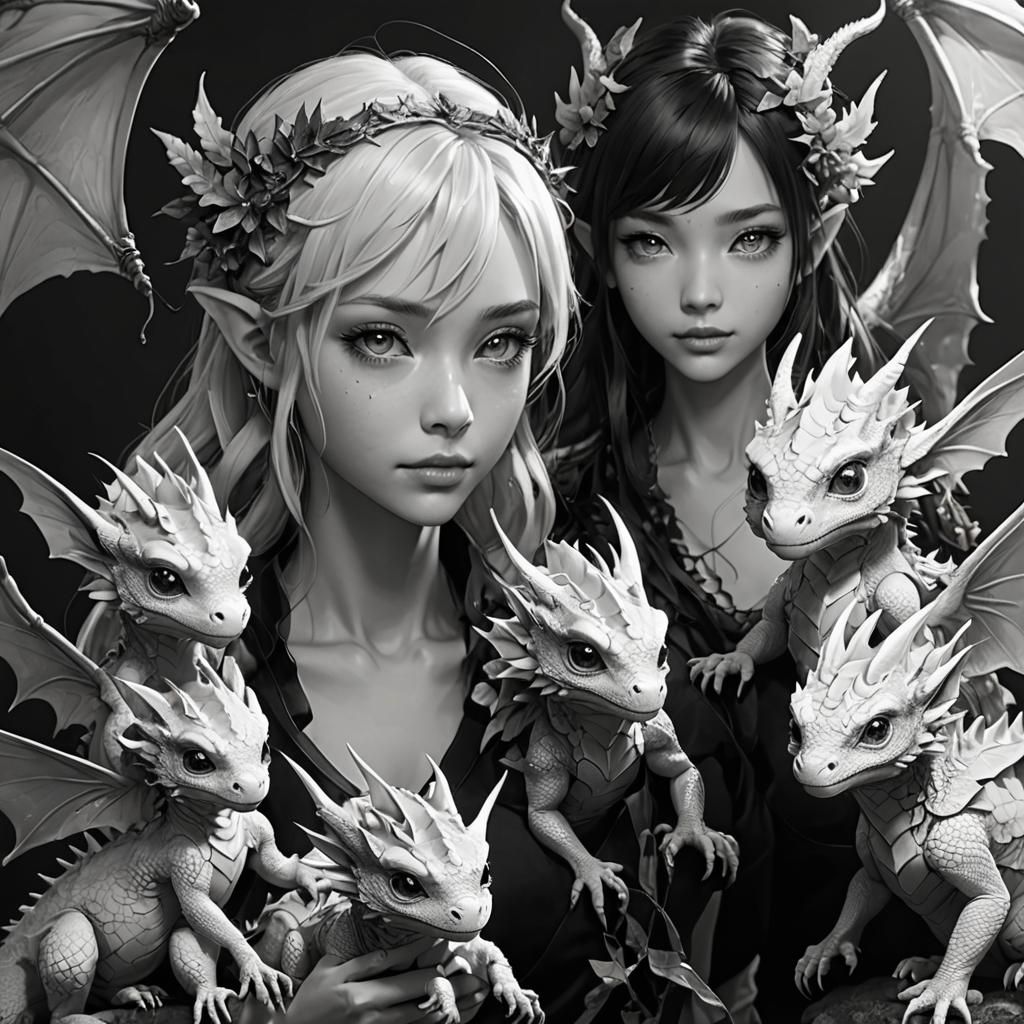 Fairies with Baby Dragons in Black and White