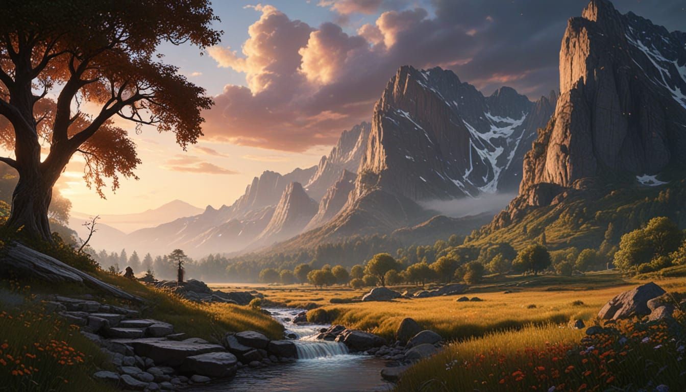 Fantastical Landscape Artist in Studio, Surrounded by Brushe...