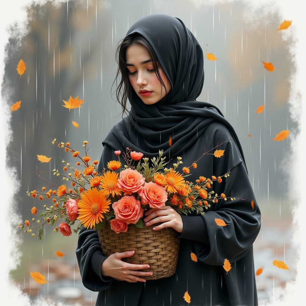 Woman with Flowers in Rainy Autumn, Charcoal Watercolor