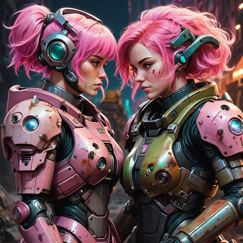 Pink-Haired Warriors in Power Armor on Alien World