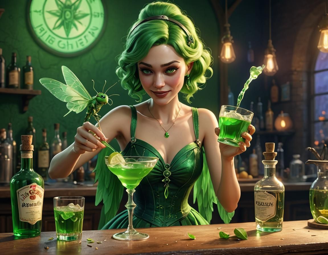 Green Fairy Pouring Absinthe: 3D Digital Art