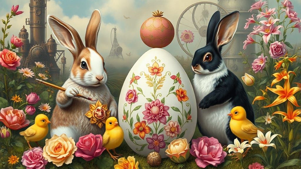 Rabbits and Chicks Painting Easter Eggs