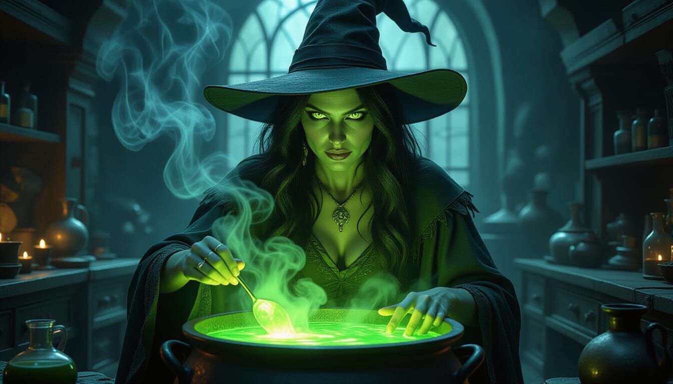 Green Witch Brewing Potion in Renaissance Style