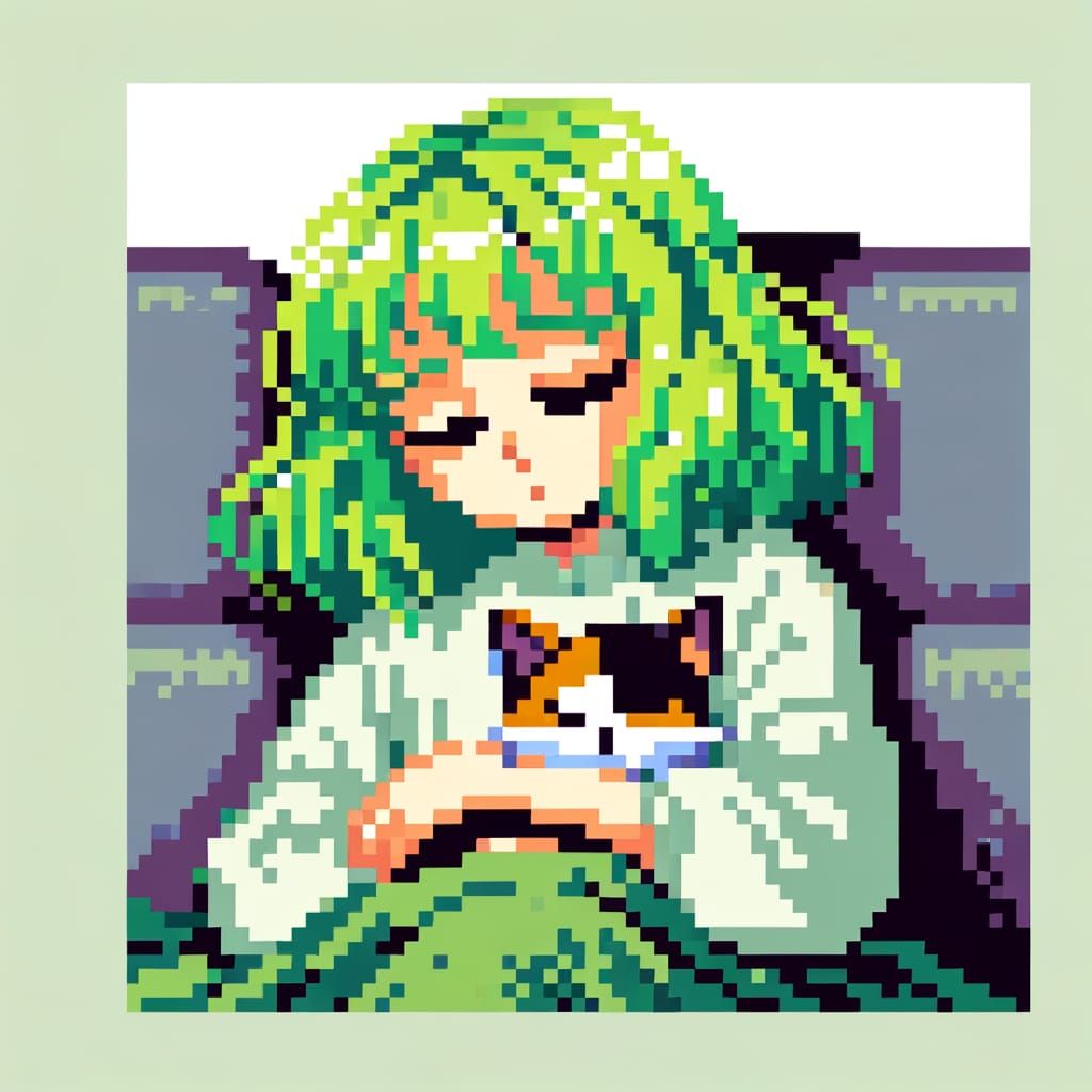 Pixel Art Anime Girl Sleeps with Calico Cat