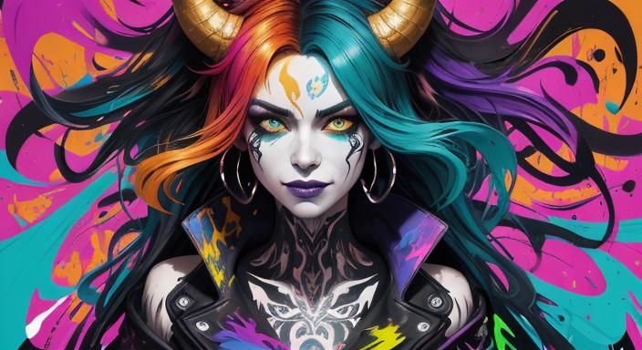 Vibrant Graffiti Portrait of a Demon Queen