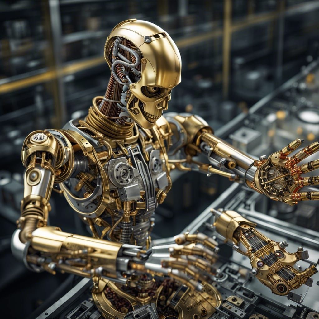 Futuristic Robot Arm Assembling Humanoid Android