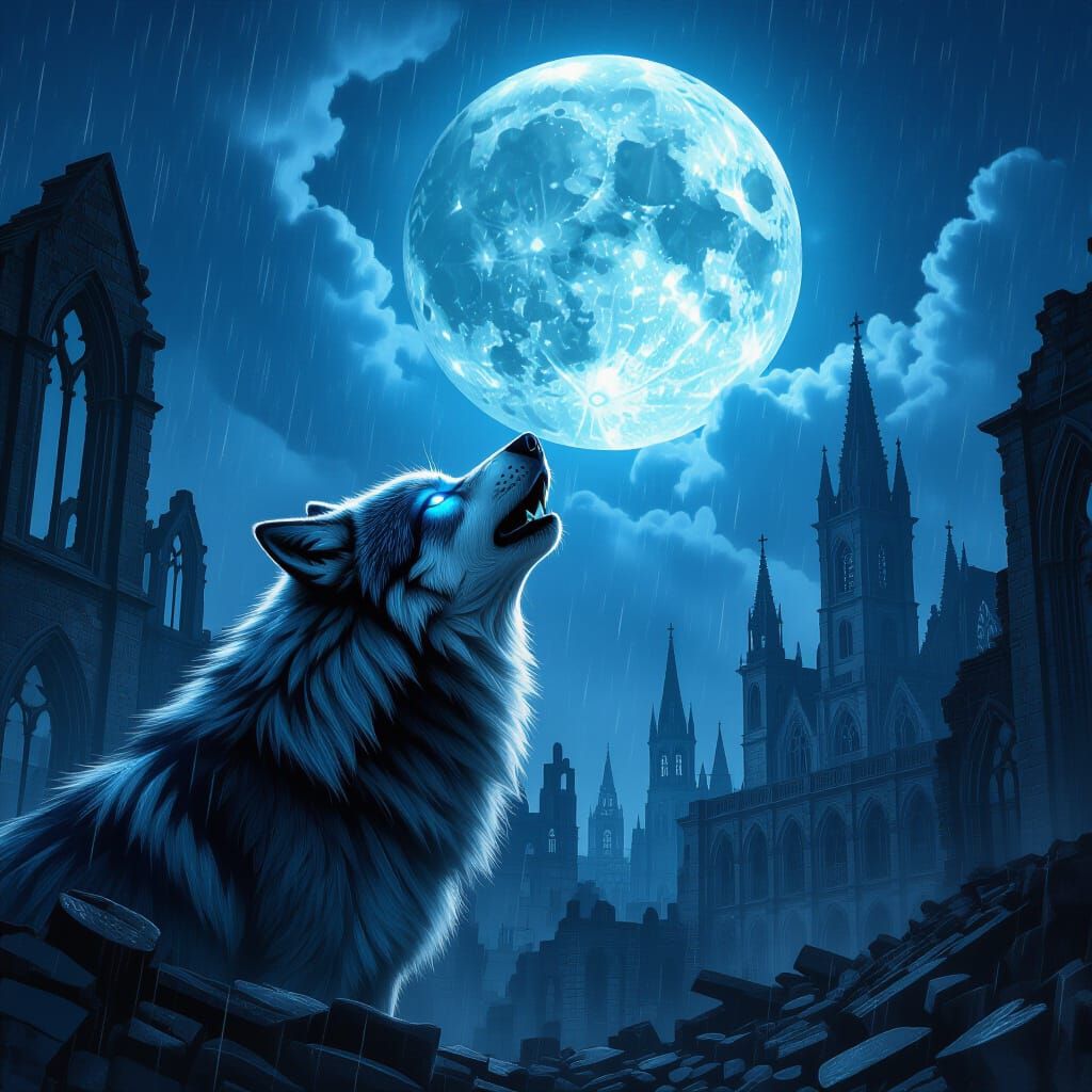 Gothic Wolf Howling at Shattered Moon Over Ruined City