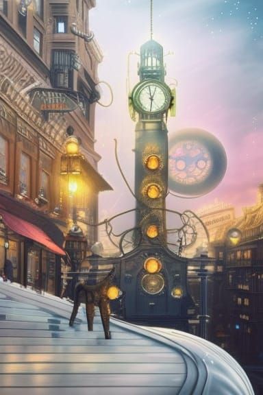 Steampunk City Dominated by Grandfather Clock