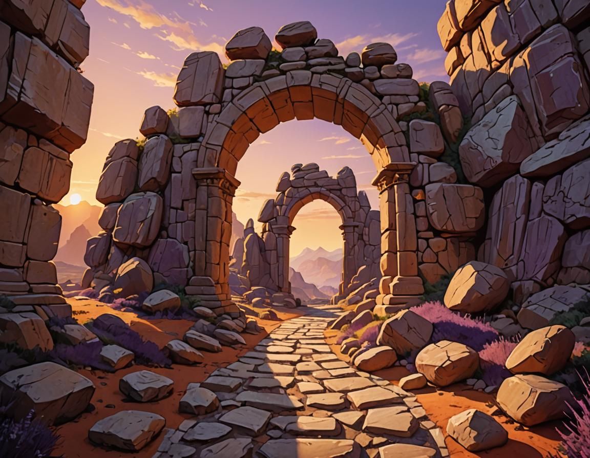 Mystical Landscape with Ancient Archway in Golden Light