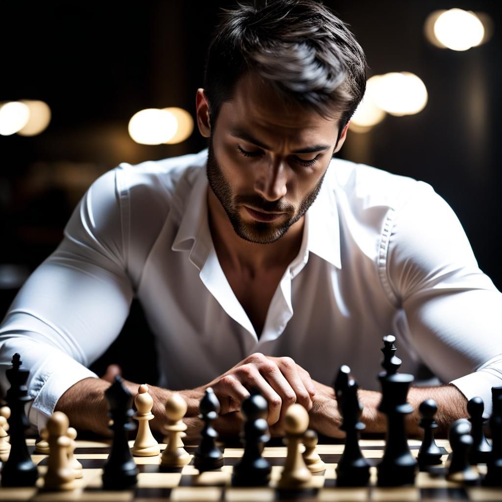 Intense Close-Up: Handsome Man Playing Chess