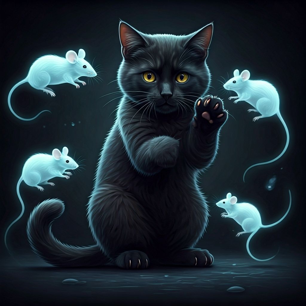 Black Cat and Ghost Mice Play
