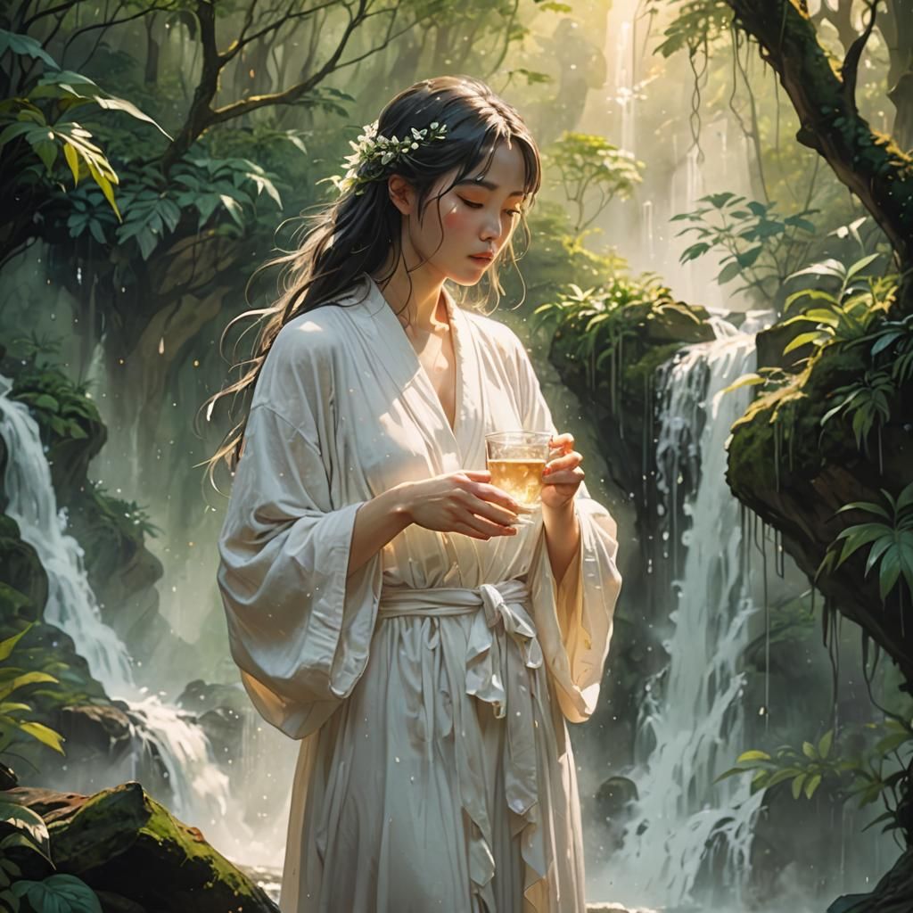 Ethereal Forest Waterfall Scene in Miyazaki Style