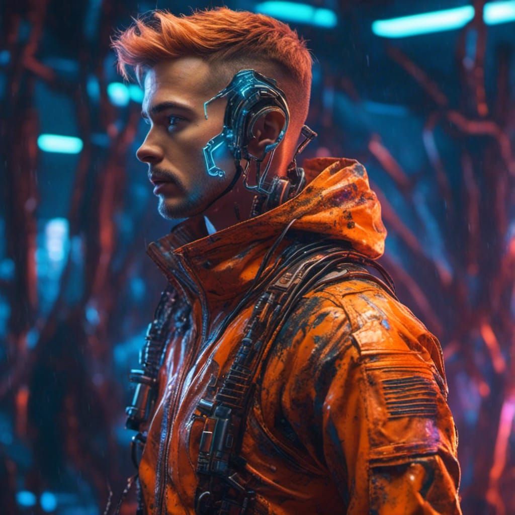 Gay Prisoner in Orange Jumpsuit, Hyperrealistic Splash Art