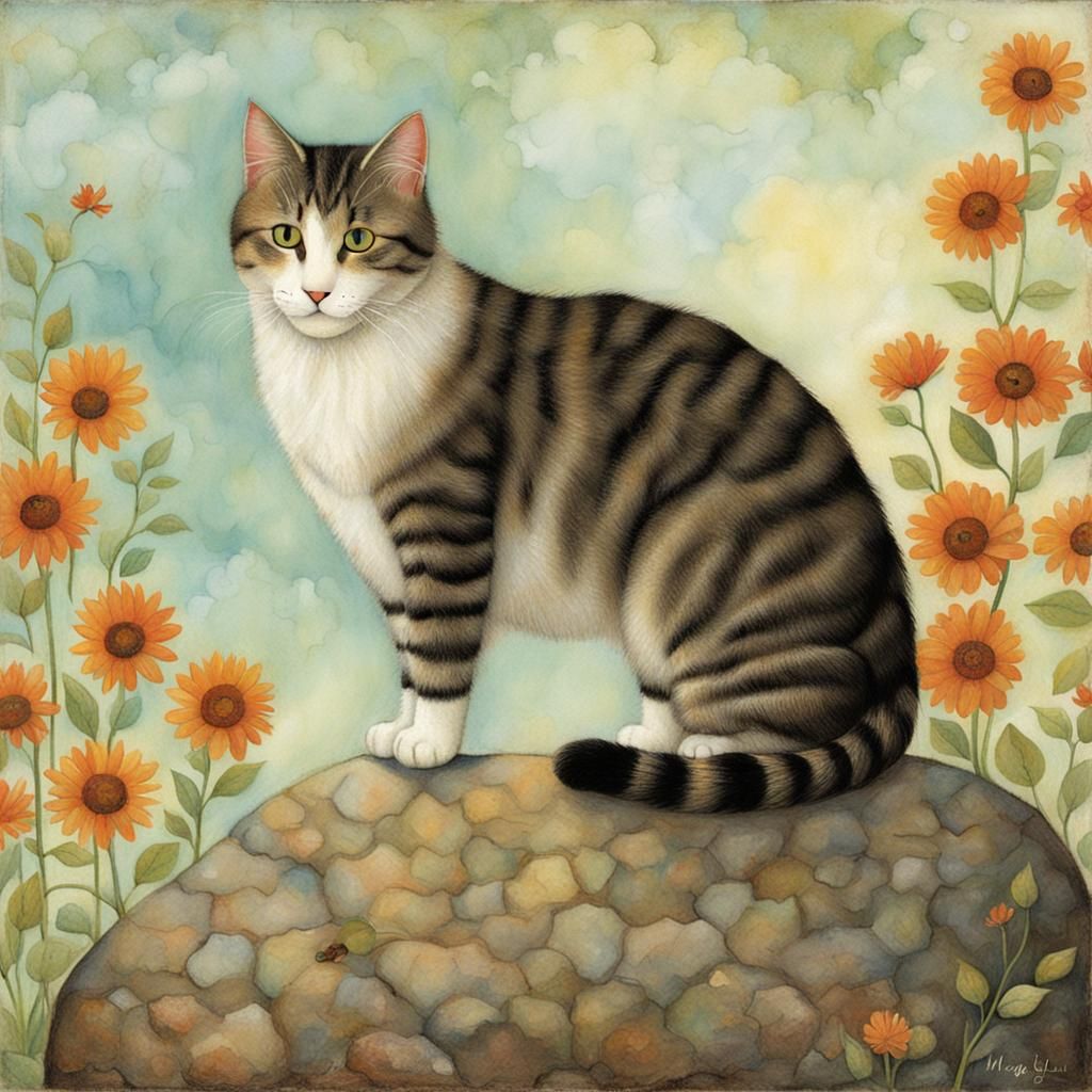 Cat on Rock in Naive Art Style