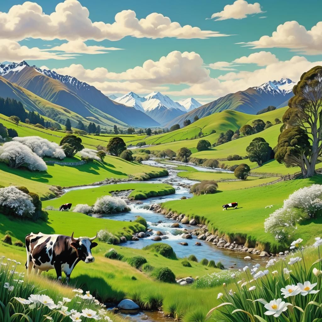 New Zealand Rural Landscape in Art Nouveau Style