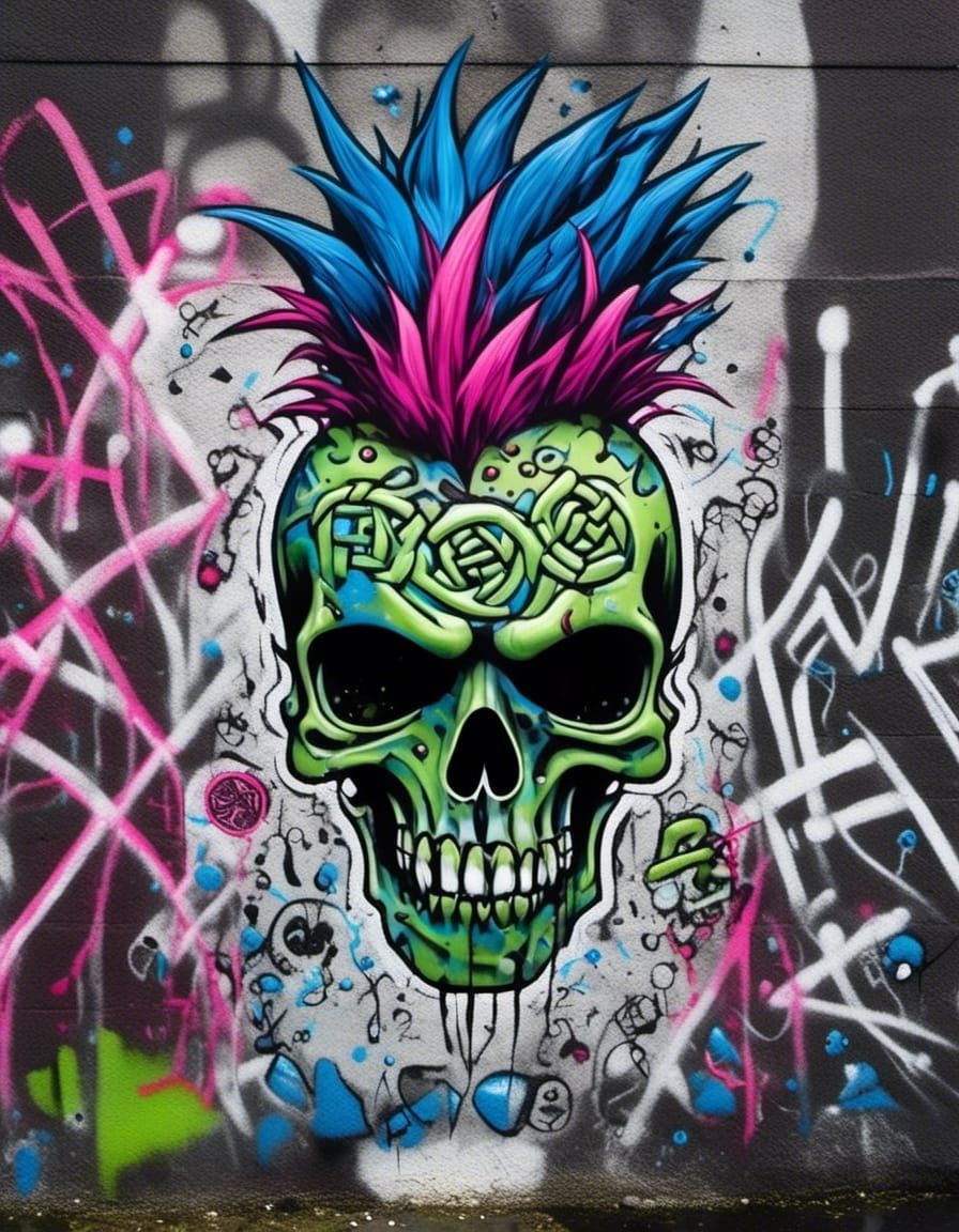 <lora:Dark fantasy realism:1.0> A graffiti-style skull with ...