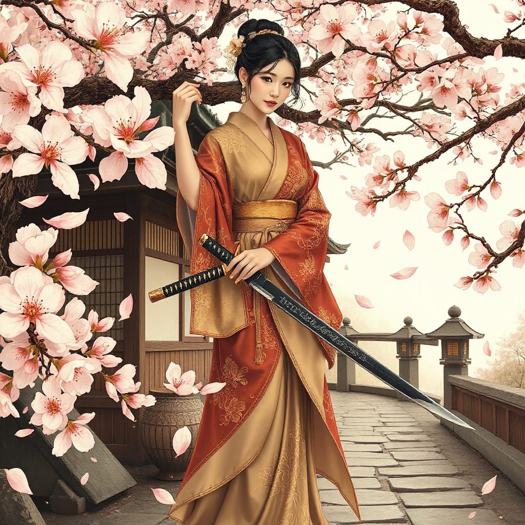 Art Nouveau Sword Maiden in Cherry Blossom Garden