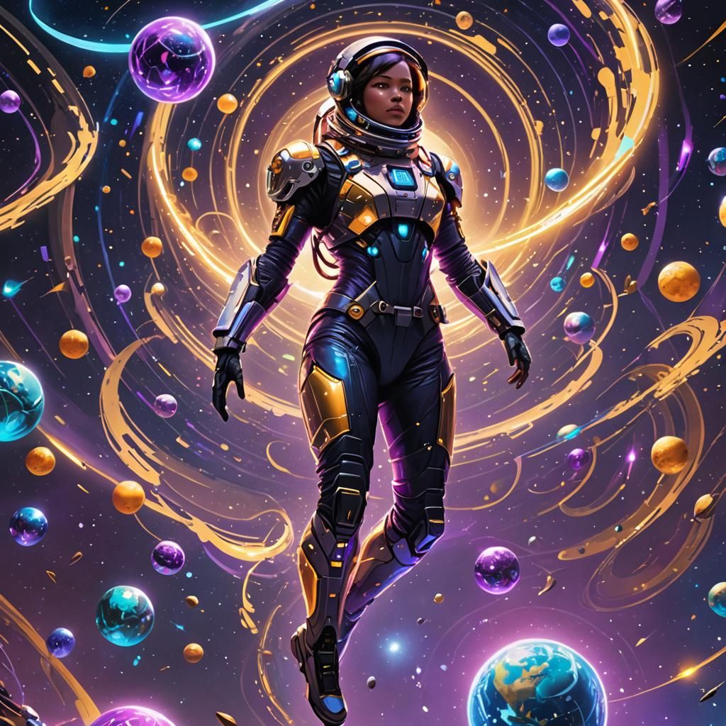 Astronaut in Cyberpunk Style Floating in Space