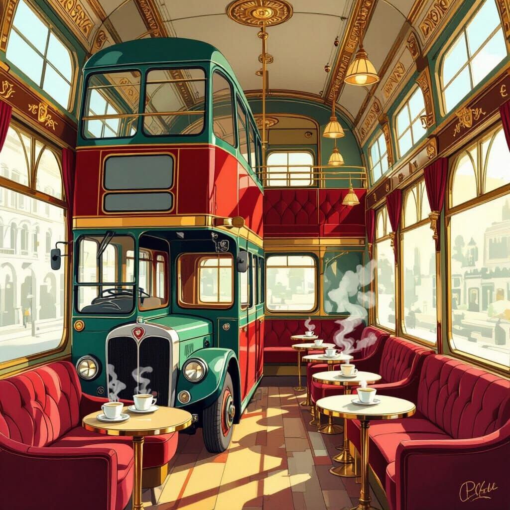 Art Deco Bus Café with Whimsical Children's Book Style