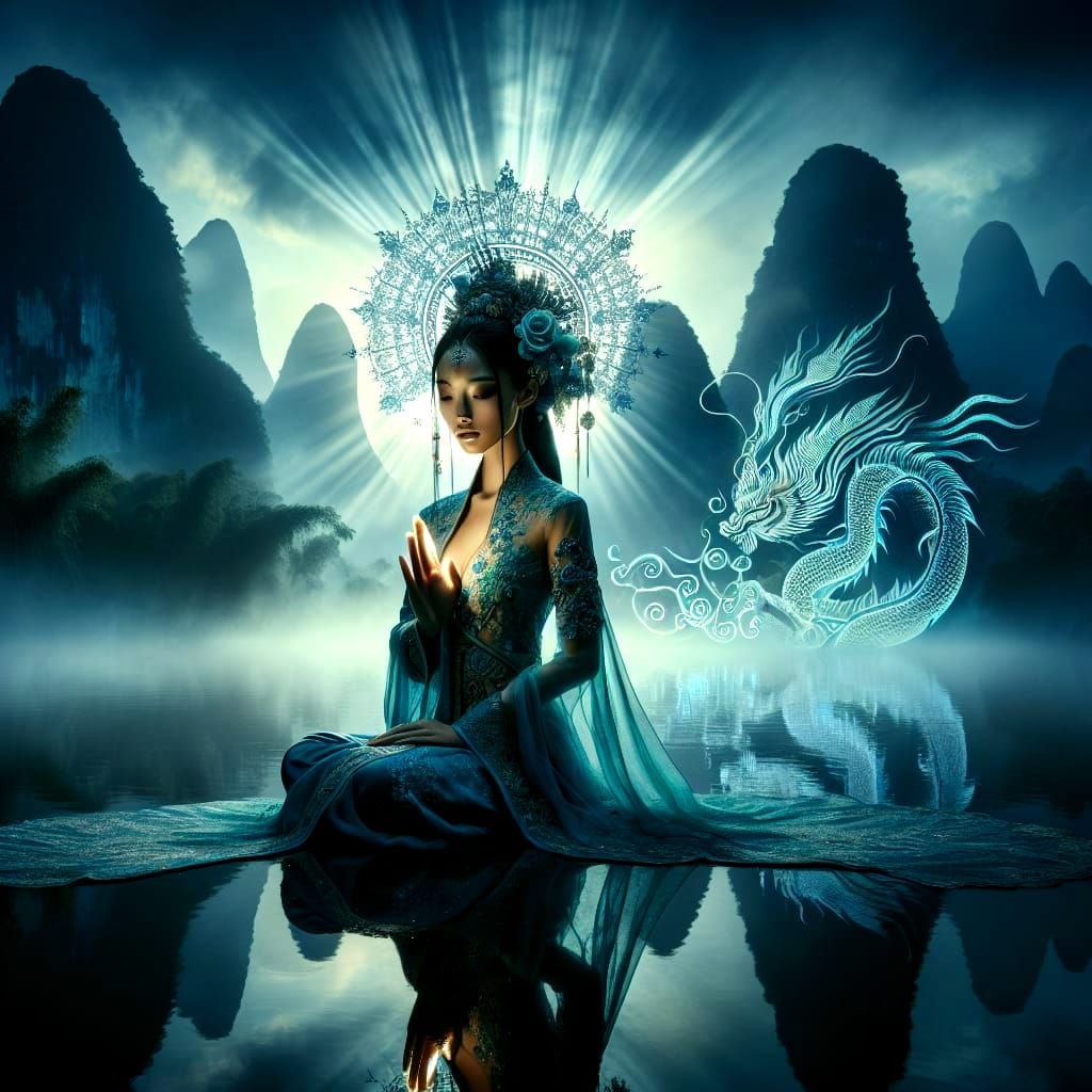 Ethereal Asian Fantasy Portrait with Dragon Silhouette