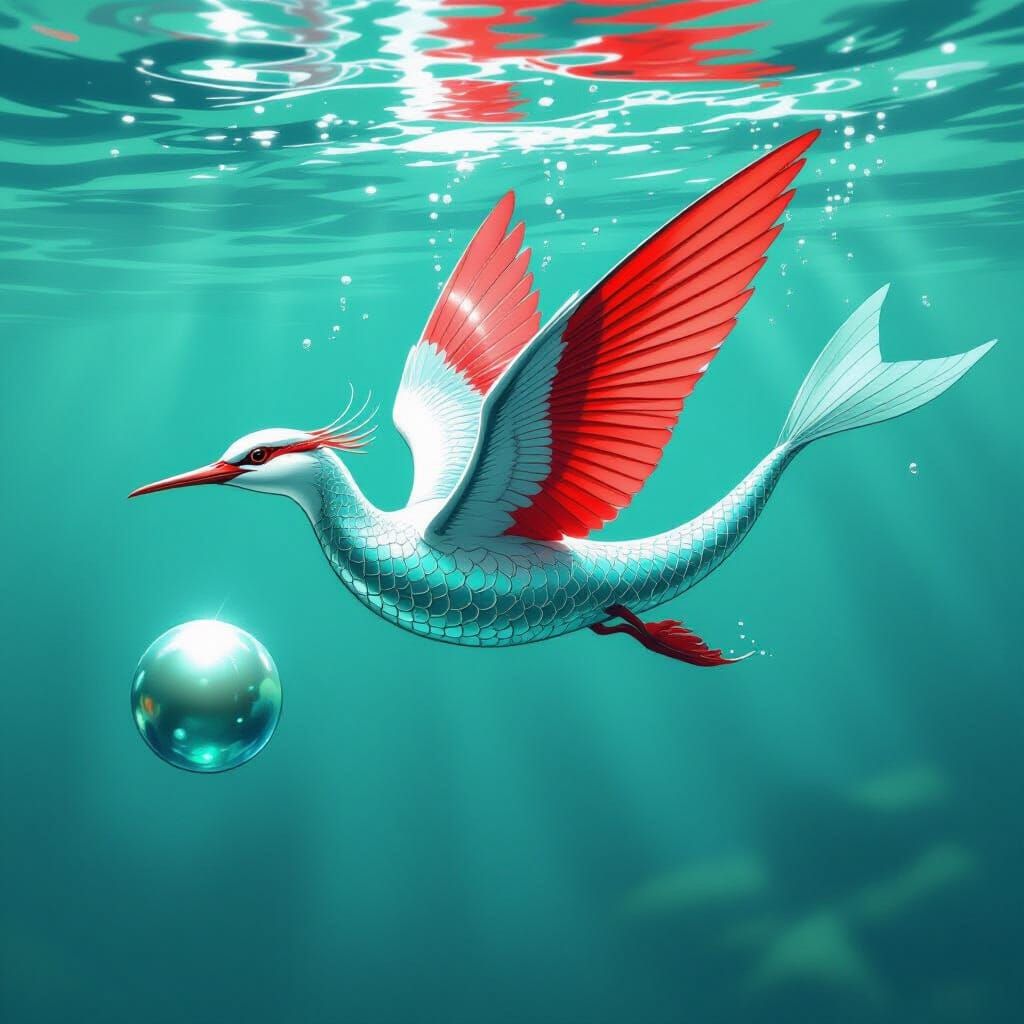 Serpentine Aquatic Bird Chasing Silver Orb