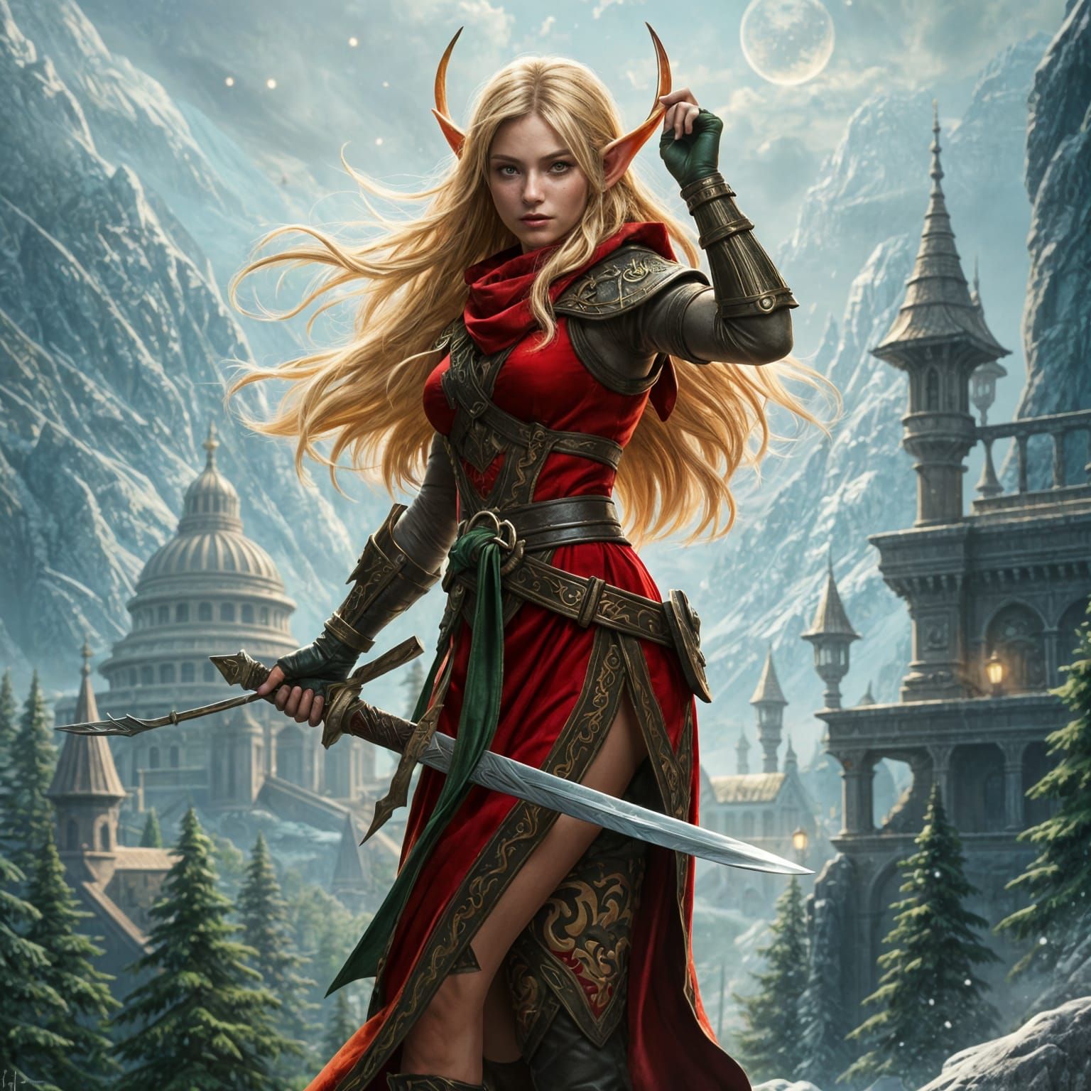 Enchanting Elven Assassin Amidst Winter Wonderland