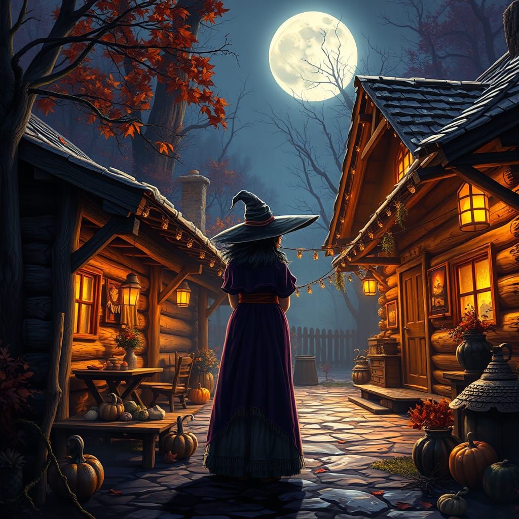 Witch in Moonlit Autumn Scene, Folk Art Style