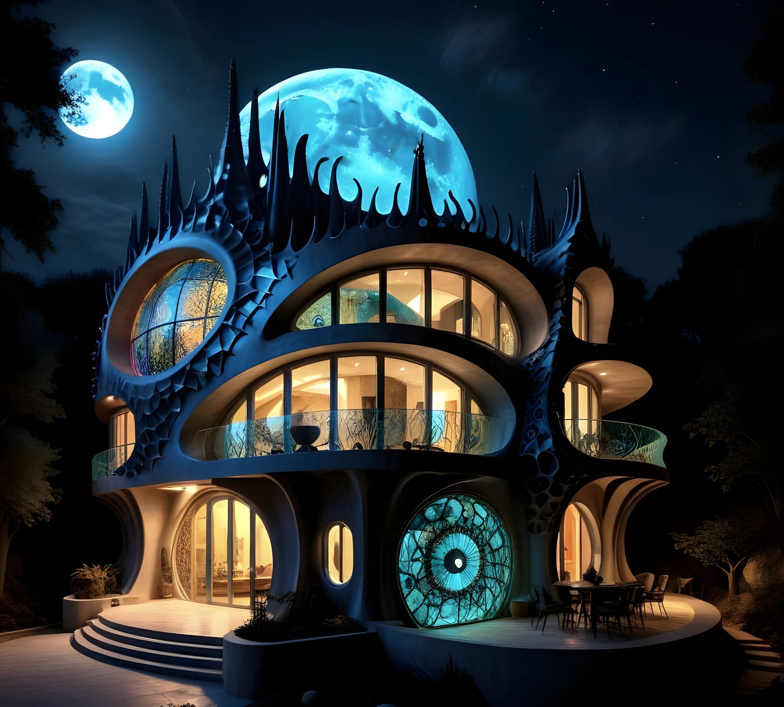 A house designed by Gaudi and Giger under a full moon