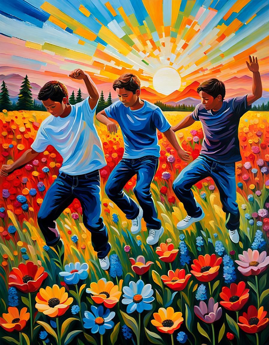 Youths Dancing in Meadow: Impasto Acrylic Painting