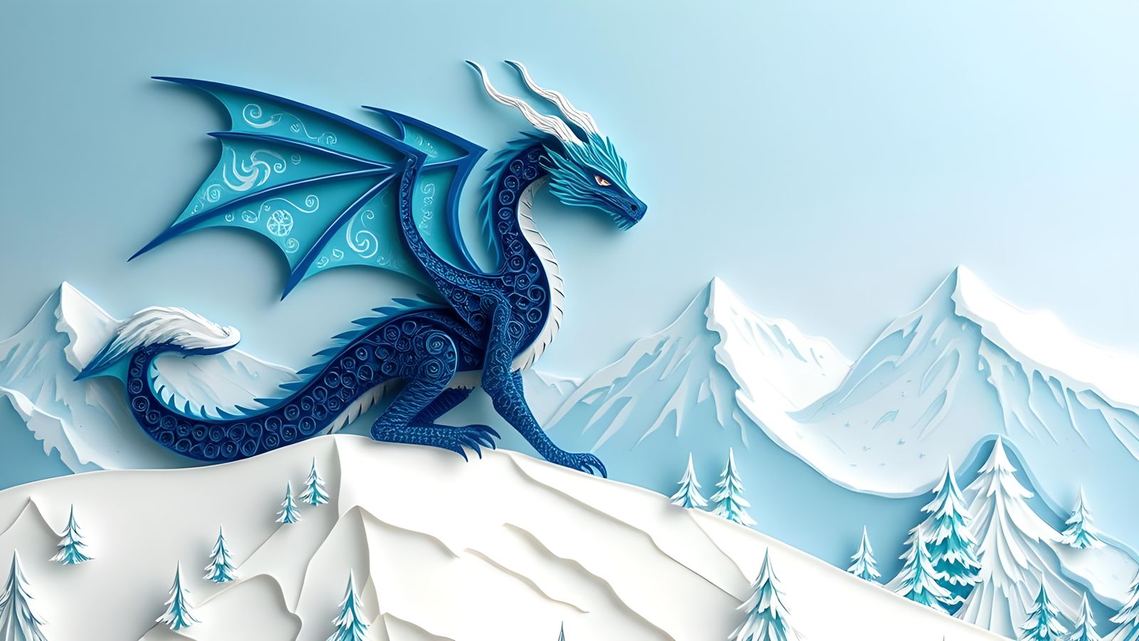 Paper Blue Dragon on Snowy Mountain