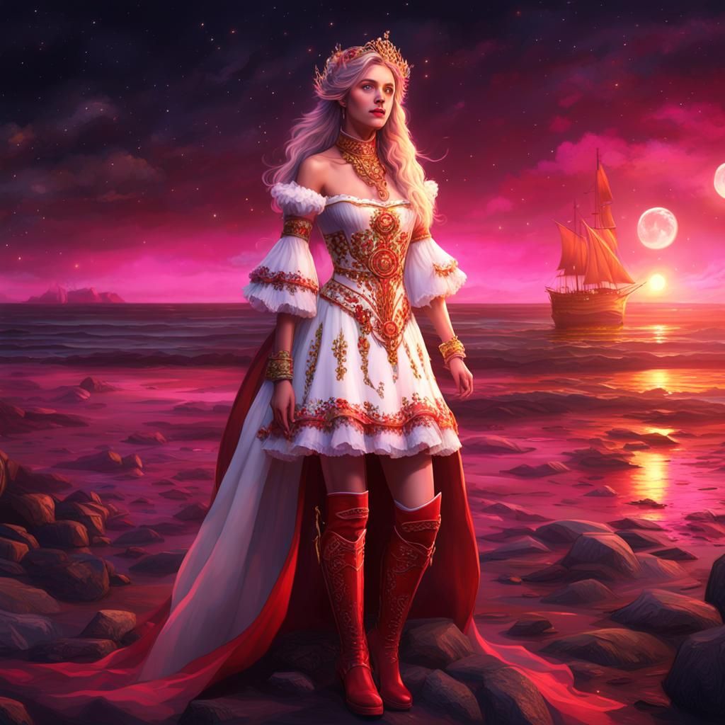 Aurora in Red and White Dress on Daytona Beach