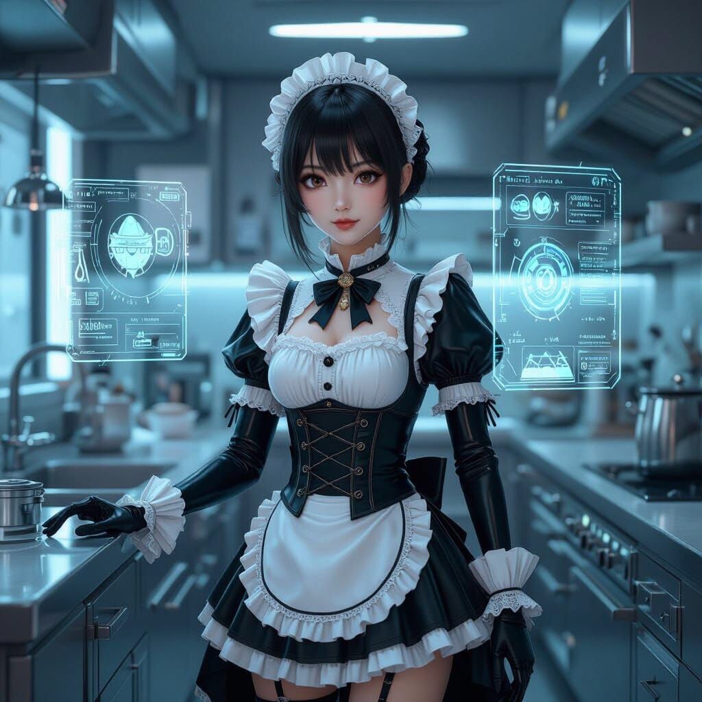 Futuristic Anime Maid in Victorian Latex Kitchen