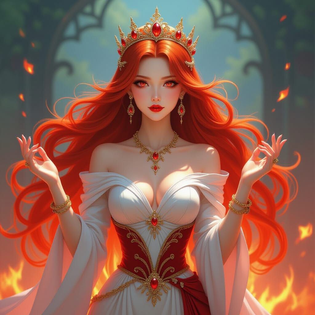 Fire Spirit Woman with Red Hair, Alphonse Mucha Style
