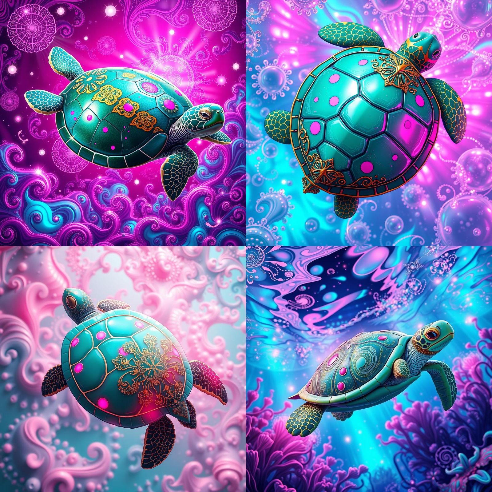 Turtle with Turquoise Shell in Abstract Neon Underwater Scen...