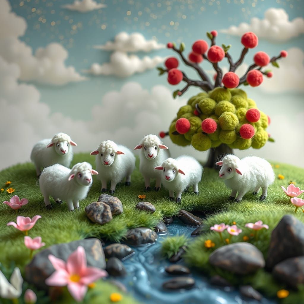Pastel Green Pasture with Felted Sheep, Anime-Inspired