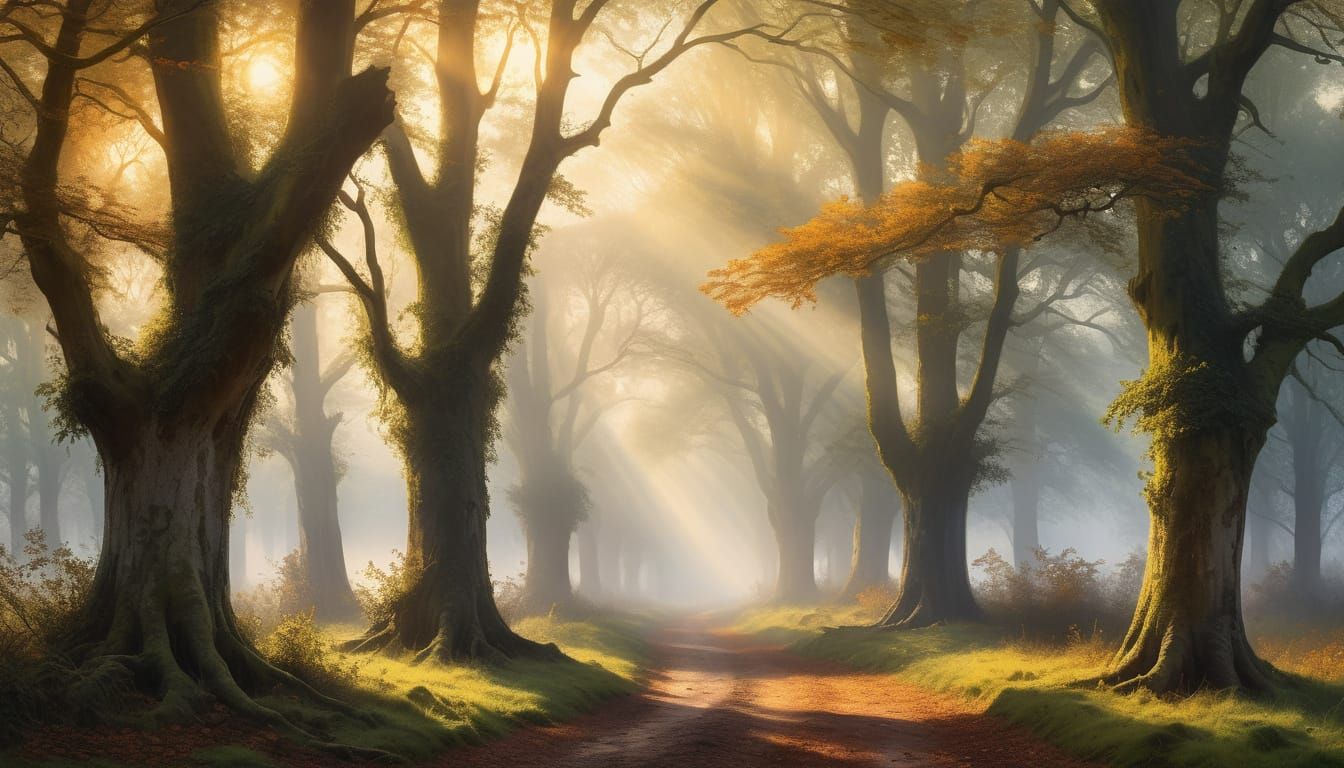English Wood Clearing Sunrise in Oil Painting Style