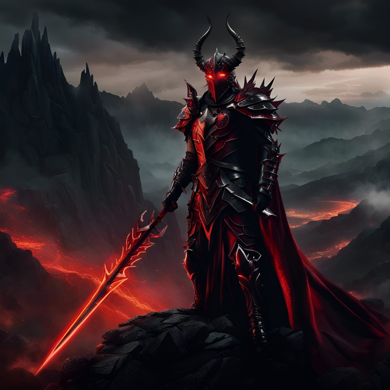 Imposing Horned Warrior with Flaming Sword in Dark Fantasy