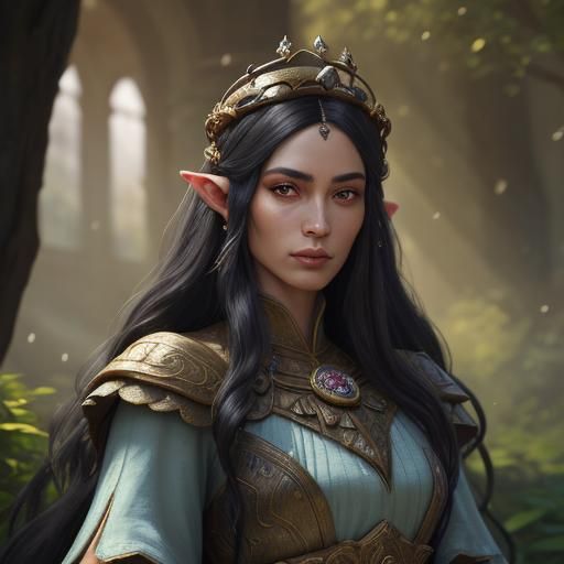 Elvish Queen in Palace Garden, Oil Painting Style